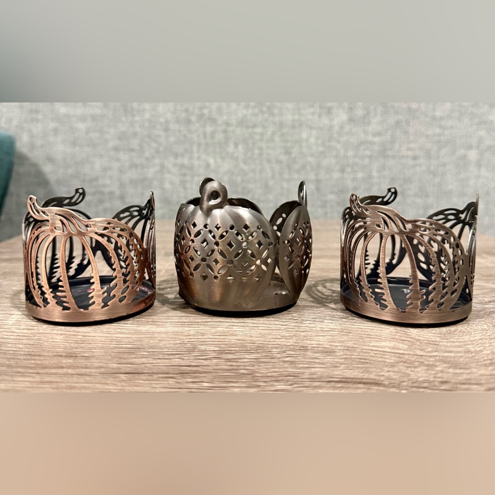 Set of 3, pumpkin copper votive candle holders. 2x2. Super cute. Great condition